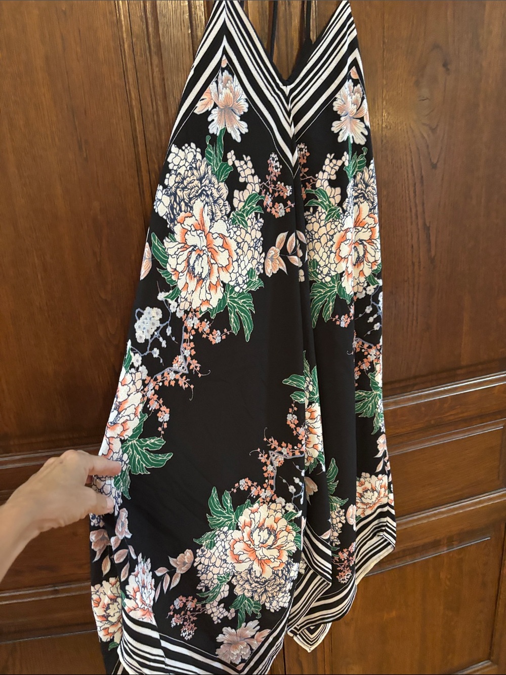 Maurices Black Floral Asymmetrical Midi Skirt with Peach & Green Print